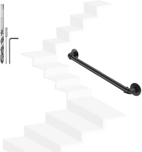 YedZen 2m/6.6ft Metal Stairs Handrail, 2M Handrails for Stairs for Indoor Outdoor, Wall Mounted Non-Slip Industrial Steel Pipe Hand Rail, Black Stair Rail for Staircase