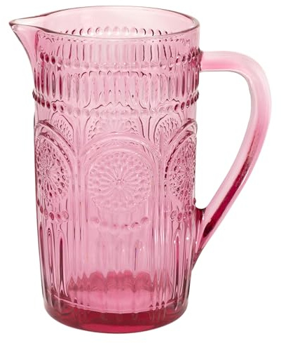 Boston International Vintage-Inspired Glass Pitcher with Embossed Floral Pattern, 4.5 x 7.75, Pink Codi