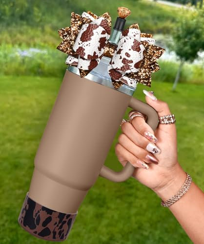 OffiEase Bow Accessories for Stanley Cup 40 30 oz - Brown Cow Bow Straw Cover Lid Topper Diamond Caps Silicone Boot Sleeve Decor for Stanley Water Bottle Tumbler