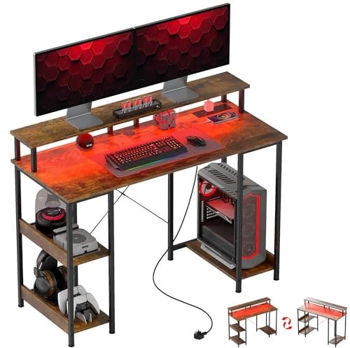 HOMCOM Computer Desk with Power Outlets and LED Lights, 120 x 50cm Reversible Home Office Desk with Monitor Stand and 2-Tier Storage Shelves, PC Table with Cable Management, Rustic Brown