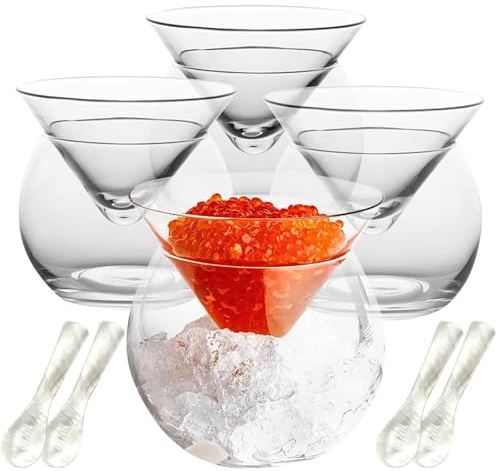 VirgoCCY 8-teiliges Kaviar-Servierset aus Glas mit Muschel-Kaviarlöffel, Kühl-Servierer mit Eishalter für Garnelen, Eis, Martinis und Cocktails, spülmaschinenfest, Kaviar-Servierschale