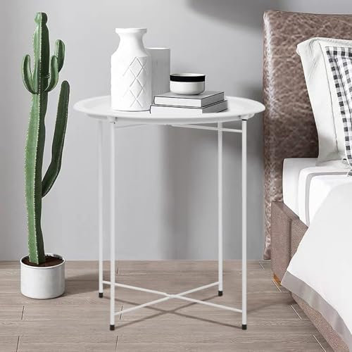 Side Table 47x50cm Round Round Tray Table with Removable Tray - Storage End Table Coffee Metal Small Garden Table for for Bedroom, Home and Office(White)