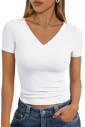 Womens Basic V Neck Short Sleeve T Shirts Slim Fit Crop Y2k Tee Shirt 2025 Summer Cute Gym Fashion Clothes Streetwear (White, M)