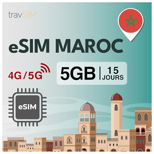 travSIM eSIM Marokko 5 GB Daten 15 Tage 4G/5G Prepaid Reise | Einfache Einrichtung per QR-Code | Nur Internet, ohne Telefonnummer | Anrufe über WhatsApp & Skype | Landesweite Abdeckung