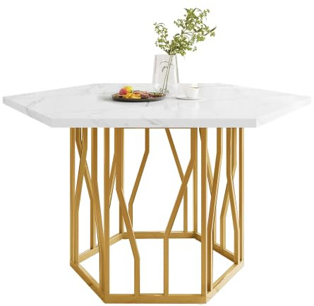 HAINEW Moderner Sechseckig Esstisch Küchentisch mit MDF Sechseckig Marmormuster Tischplatte und Metallgestell für 4 Personen, Esszimmertisch für Esszimmer und Wohnzimmer, 115,5 x100×75cm (Gold)