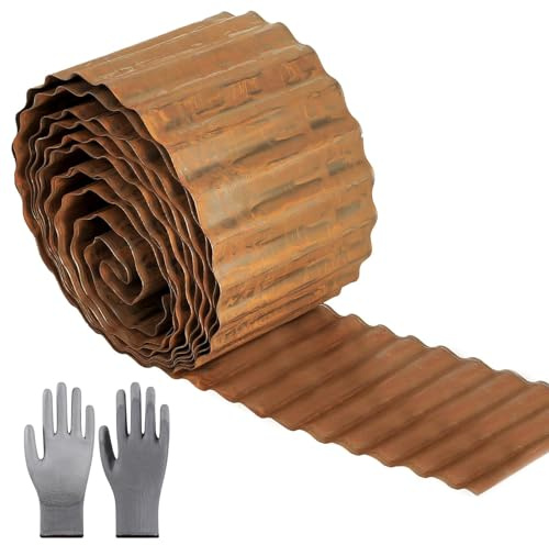 10m x 14.5cm hoch Rasenkante aus Metall,Cortenstahl Rasenkante Rostoptik,Beetumrandung für DIY Lawn,Mähkante Beeteinfassung mit 1 Paar Handschuhe,Rasenkante verzinkt Metall für Garten