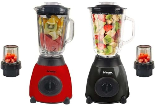 Bistro Chef 2-in-1 Nuts Ice Crushing Mixer Blender 850W, Professional Handheld Kitchen Blender 1.5L for Smoothie Maker, Fruit Juice, Shake, Made from Glass & Stainless Steel (Red & Black, Pack of 2)