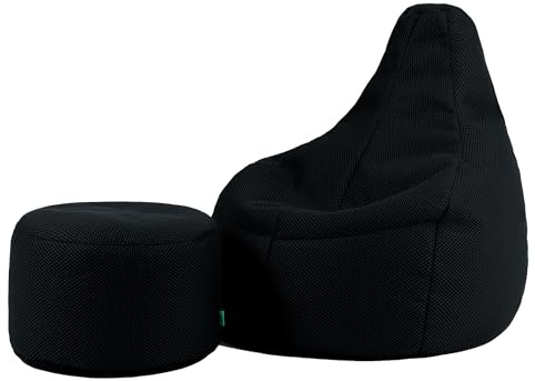 icon Performance Mesh Gaming Bean Bag Chair and Footstool, Black, Large Adult Bean Bag with Filling Included, Recliner Comfy Chair, Bedroom Furniture, Gamer Gifts, Gaming Room, Gaming Room Accessories