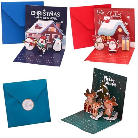 GJKLO 3 Stück 3D Weihnachtskarte Karte mit Umschlag, weihnachtskarten, Weihnachtsmann Elch Grußkarte