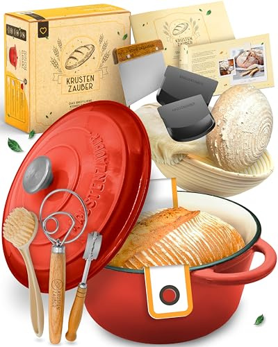 KRUSTENZAUBER Gusseisen Topf Brot Backen im XXL-Set inkl. Brot back Zubehör | Geschenkfertige Brotbackform mit Deckel samt Backzubehör & Anleitung für den sicheren Einstieg und gelungenes Brot zu Hause