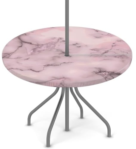 Myfsucce Nappe d'extérieur imperméable avec trou pour parasol et fermeture éclair - Veines en marbre rose clair - Nappe de jardin élastique avec trou de parasol - Convient pour table ronde de 91,4 à