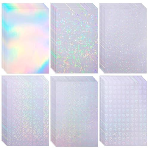 Songella Papel Adhesivo Holográfico Transparente A4 Película Holográfico 6 Modelos 24 Hojas Película Autoadhesivo Impermeable