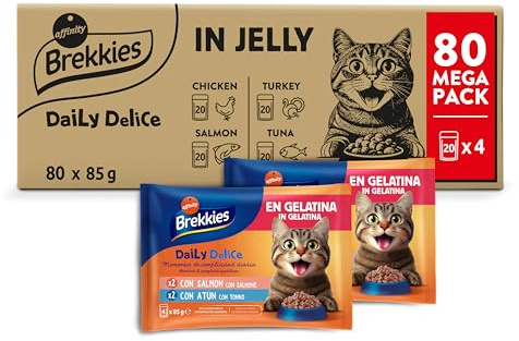 Brekkies Daily Delice Nassfutter für Katzen, Gelee (Huhn, Truthahn, Lachs und Thunfisch), Jumbo-Pack, 80 x 85 g