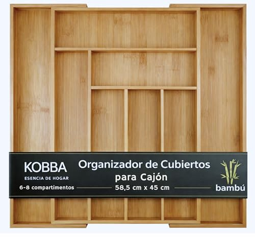 KOBBA Organizador Cubiertos para Cajón | Organizador de Cajones Extensible | Orden en Cocina, Despacho o Baño | Fácil limpieza | Cubertero Bambú (6 a 8 Compartimentos Ajustables)