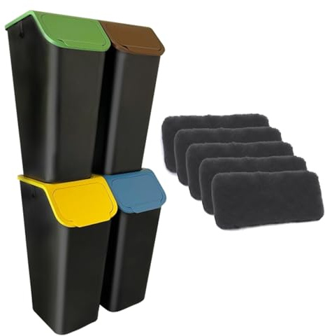 Practic Bini Set mit 4 Abfalltrennbehältern, 35 l, schwarze Behälter mit farbigen Deckeln (blau, gelb, grün, braun), Klick-System, stapelbar bis zu 3 Stück + 5 Aktivkohlefilter