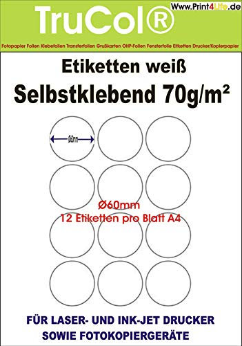 trucol Universal-Etiketten Markierungspunkte Rund Ø 60 mm auf DIN A4 Premium Papier matt 300 Stück auf 25 Blatt weiß bedruckbar mit Tintenstrahldrucker und Laserdrucker