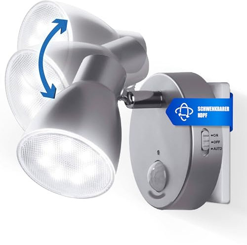 Trango Luce notturna a LED 2635-014 in argento con funzione automatica 230V con sensore di movimento, luce di sicurezza, lampada a zoccolo, lampada a parete, luce di orientamento, lampada notturna