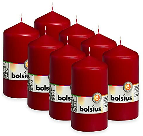 Bolsius Glatte Stumpenkerzen - Weinrot - 8 Stück - 13 x 7 cm - Dekorative Haushaltkerzen - Länge Brenndauer 43 Stunden - Unparfümierte