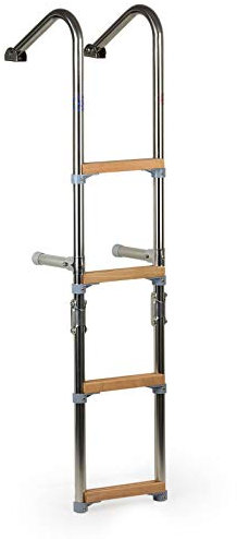 wellenshop Badeleiter Bootsleiter 4-stufig mit Handlauf klappbar Edelstahl Holz-Stufen Klappleiter Boot Leiter