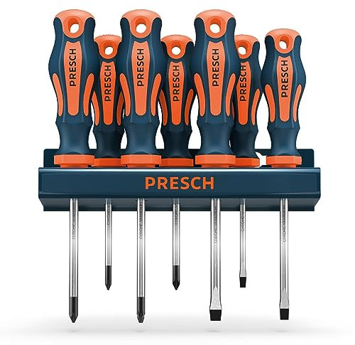 Presch Jeu de 7 tournevis professionnels - Set de tournevis avec têtes plates et cruciformes pour différentes vis types (PZ, PH, SL) - Outils de qualité avec support mural