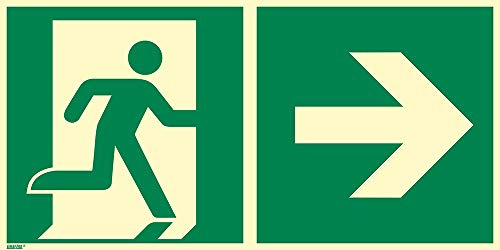Notausgang Aufkleber rechts 300 x 150 mm–selbstklebend, PVC Folie 0,4 mm, langnachleuchtend 55/8 mcd DIN 67510 Leuchtklasse B gemäß ASR A1.3 / ISO 7010 E002–Rettungszeichen Sicherheitskennzeichen