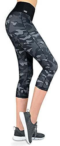 Formbelt Sport Leggings Damen 3/4 mit Hüfttasche für Handy | Laufhose Capri Dreiviertel 3 4 | Fitness Sport Tights Yoga Hose Sporthose Jogging Bunt Farbig Camouflage XS