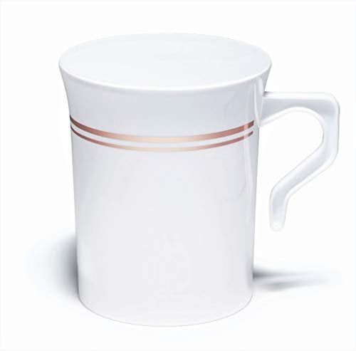 Occasions 40 Pack, Schwergewicht Einweg Hochzeit Kunststoff 8 Unzen Kaffeetassen Silber Trim/Tee-Becher/Cappuccino Cups/Espressotasse mit Henkel (8 oz Tassen, weiß w/Rose Gold Rim)
