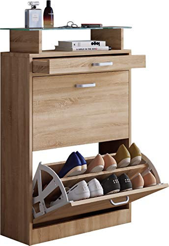 VCM Holz Schuhschrank | Maße: H. 91 x B. 59 x T. 22 cm | 2 Klappen | schmale Schublade | praktische Ablage - Sipos M