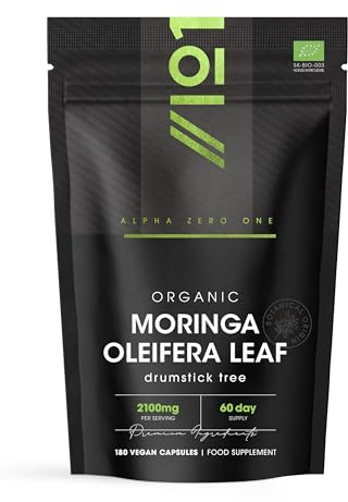 Organic Moringa 2100mg – 180 Vegan Capsules – Raw Moringa Oleifera Leaf Supplement – Rich in Vitamins, Antioxidants & Amino Acid – by Alpha01