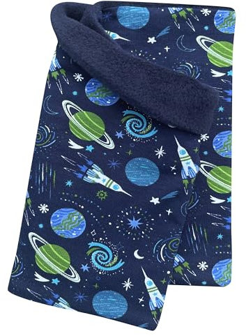 Wollhuhn Mädchen/Kinder/Jungen Warmer Schlupfschal/Halstuch Innen Fleece Gefüttert Viele Motive Winter Übergangszeiten (Space/Rakete Dunkelblau)