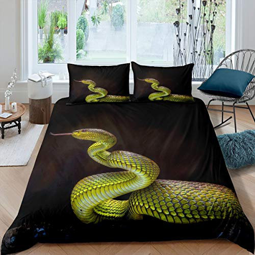 Homewish Schlangen-Bettbezug-Set für Doppelbett, Python-Bettwäsche-Set mit Kissenbezügen, Geschenk für Kinder, Teenager, Erwachsene, Schmusetuch und Reißverschluss, Tierwelt-Reptilien Tagesdecke