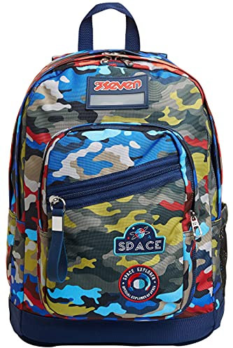 Seven Rucksack, Backpack für Schule, Uni & Freizeit, Geräumige Schultasche für Teenager, Mädchen und Jungen, mit Trinkflaschenfach, blau, italienisches Design, NEW FIT CAMO STAINS