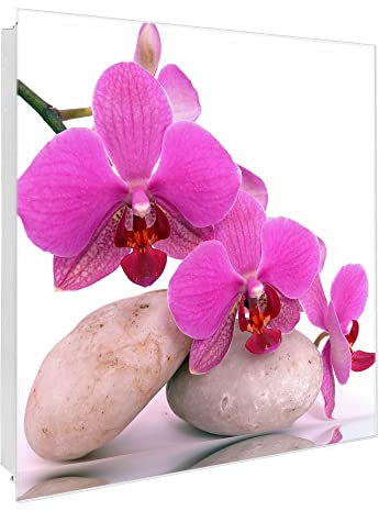 banjado Großer Schlüsselkasten Glas - Schlüsselbox 30x30cm mit 50 Haken - Schlüsselkasten modern für Schlüsselaufbewahrung mit beschreibbarer, magnetischer Glastür - Motiv Orchidee