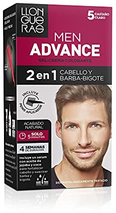 Llongueras – Men Advance, Gel Crema Colorante 2 en 1, para Cabello y Barba-Bigote, con Aceite de Jojoba, Coloración Masculina, Nutre e Hidrata, Acabado Natural en 5 Minutos, Tono 5, Castaño Claro