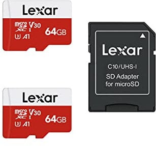 Lexar 64GB 2 Pack Micro SD Card E Series, microSDXC UHS-I Flash Memory Card with Adapter - Up to 100MB/s, A1, U3, Class10, V30, High Speed TF Card (2 microSD Cards + 1 Adapter)