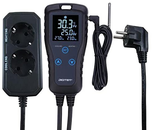 Digitaler Temperaturregler, 2-stufiger Thermostatauslass, Heiz- und Kühlmodus für Truhe/Gefrierschrank/Kühlschrank/Selbstgebrautes Gärgerät/Gewächshaus 110 V / 10 A / 1100 W