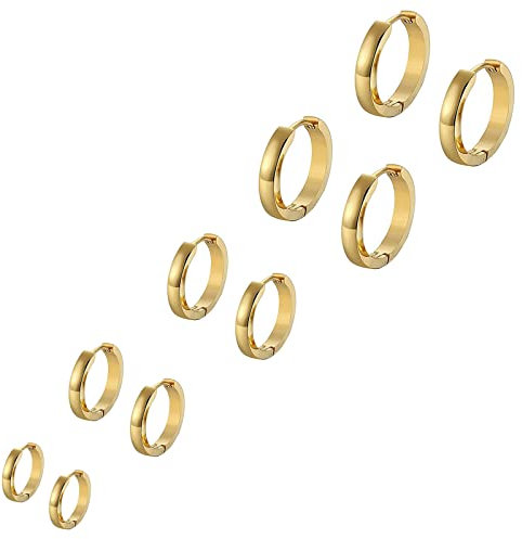 Bo Win 5 Paare Edelstahl Gold Ohrringe für Herren Damen, Ohrringe Herren Gold, Ohrringe Männer Gold, Ohrringe Damen Gold, Ohrringe Creolen Herren Damen, Ohrringe Gold Creolen Klein Set Titan 7-16MM