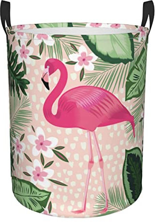 Gbuzozie Panier à linge rond de 62 l, motif flamant rose, feuilles de palmier, fleurs, panier de rangement, revêtement imperméable, organisateur pour chambre d'enfant, vêtements, jouets