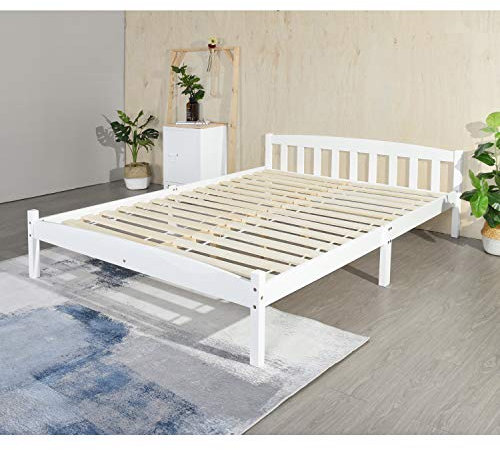 Setsail Massivholz Doppelbett | Bettgestell mit Lattenrost | Natürliches Zirbenölbett | Für Erwachsene, Kinder, Jugendliche Bett | Einfache Montage | 140 x 190 cm | Weiß