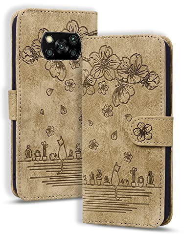 Rosbtib Coque pour Xiaomi Poco X3 NFC/Pro, Etui Portefeuille en Cuir PU avec Support, Housse Folio Magnétique, Marron Chaton