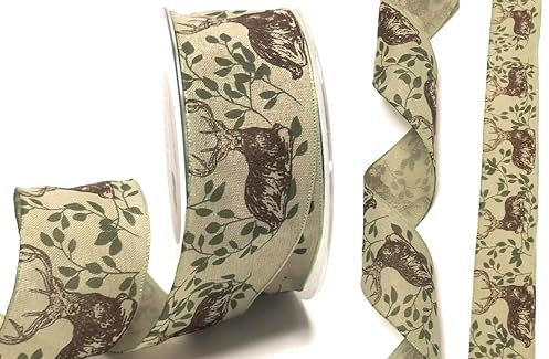 Schleifenband 20m x 40mm grün - braun Hirsch Wild Jagd Dekoband Geschenkband [1399]