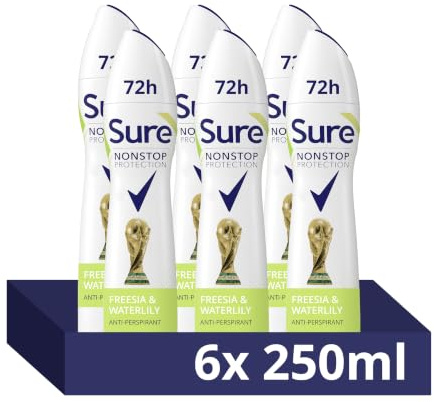 Sure Women Nonstop Protection Freesia & Water Lily Antiperspirant Deodorant Aerosol pack of 6 deodorant for women for 72-hour sweat and odour protection 250 ml, 250.0 milliliters