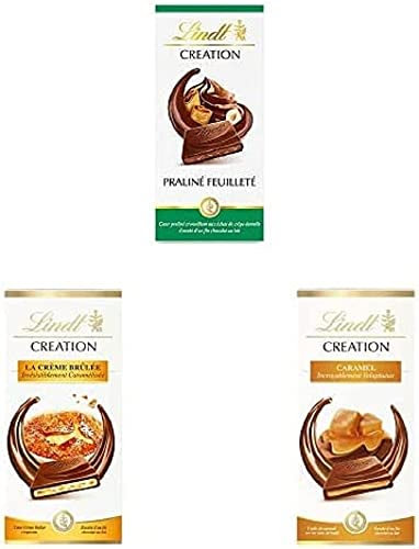 Lindt - Lot de 3 Tablettes CREATION : Praliné Feuilleté -Chocolat au Lait 150g + Crème Brûlée - Chocolat au Lait 150g + Caramel - Chocolat au Lait 150g