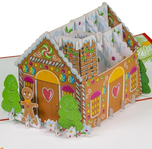 LINPOPUP® Pop-Up Karte Weihnachten – 3D Weihnachtshaus – Lebkuchenhaus – Aufklappbare Weihnachtskarte – Festliche Grußkarte mit Lebkuchen, mit Umschlag, N460