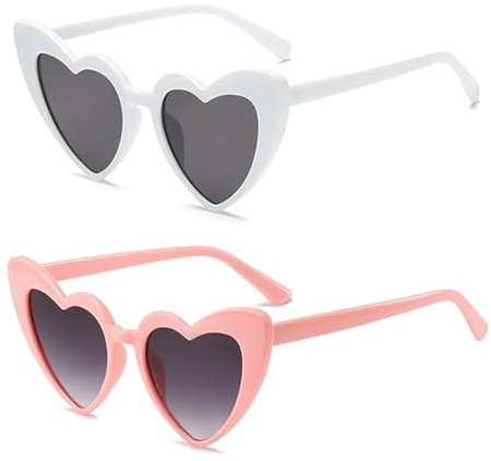 BOZILY 2 Pack Vintage Heart Shaped Sunglasses,White And Pink Fashion Retro Glasses Rimmed For Party Festivals Makeup Women Girls Summer Party