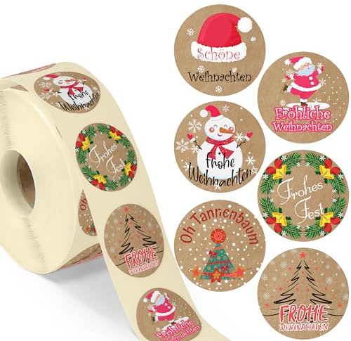 colortouch Aufkleber Weihnachten - 500 Stück Kraftpapier Optik Weihnachtsaufkleber - Frohe Weihnachten Sticker - 35 mm Rund Rolle Vintage Selbstklebend Weihnachtssticker für Geschenktüten, Verpackung