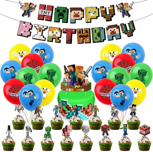 Geburtstagsdeko Spiel Jungen, Gamer Spielthema Geburtstag Party Deko, Happy Birthday Dekoration Banner, Pixel Kindergeburtstag Deko mit Farbige Luftballons Cupcake Topper