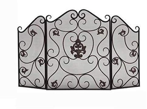 ONWEE Feuerschutzgitter, 3-teiliger Kaminschutz aus massivem Schmiedeeisen, durchsichtiger Metall-Kaminschutz, Funkenschutz-Sicherheitsschutz mit dekorativer Schnörkel, Antik-Bronze-Finish,