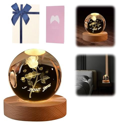 3D Galaxie Kristallkugel, Glaskugel Beleuchtet, Rosen im Glas Nachtlampe mit Holzsockel, 7 Farbwechsel LED Licht, Kristallkugel Geschenke für Frauen, Ständer für die Heimdekoration, Geschenke