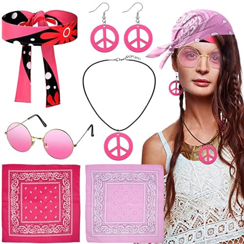 DKDDSSS 7 Teiliges Set Hippie Accessoires, 70er Jahre Accessoires, Hippie Schmuck, Peace Kette, Hippie Schmuck, Hippie Stirnband Damen, Faschingskostüme Damen Für 60er 70er Hippie Mottoparty